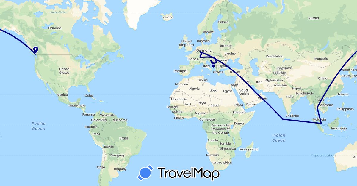 TravelMap itinerary: driving in Bosnia and Herzegovina, Canada, Switzerland, Germany, France, Croatia, Hungary, Maldives, Qatar, Serbia, Singapore, Thailand (Asia, Europe, North America)